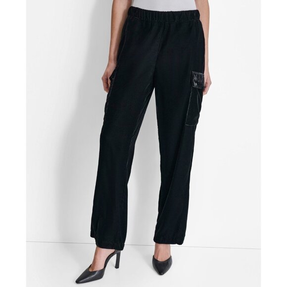 DKNY Women's High-Rise Wide-Leg Velvet Cargo Pants Black Size XL MSRP $109 - Picture 1 of 5